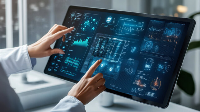 Health professional analyzing patient data on a modern digital interface in a clinical setting