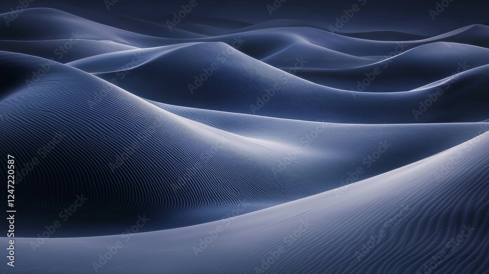 Poster under the soft glow of moonlight, gentle waves of sand rise and fall, creating a tranquil landscape 