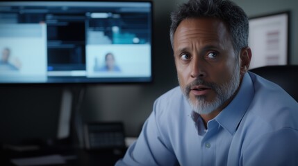 Fototapeta premium Focused on the Task: A mature businessman with a determined gaze intently focused on a video conference call, a portrait conveying seriousness and professionalism.