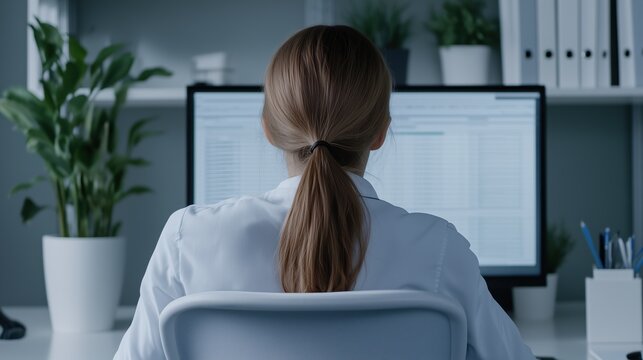 Focused on the Task: A woman sits at her desk, immersed in work, her back to the camera, her focused gaze on a computer monitor. The office space exudes an air of quiet determination.   - Powered by Adobe