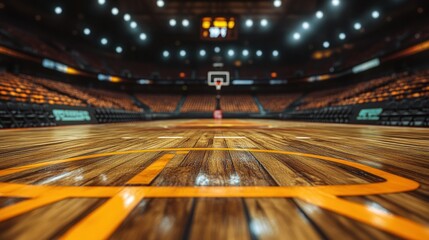 Empty basketball court, arena, night game, spotlights, advertising