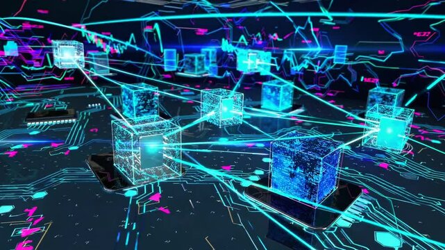 capturing the visualization of a blockchain network, where interconnected blocks of data glow with vibrant blue and neon turquoise light.