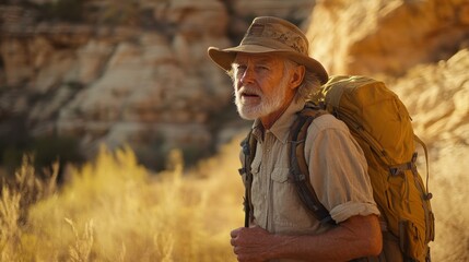 Obraz premium Exploring the rugged trails under golden sunlight with a seasoned adventurer in a breathtaking landscape
