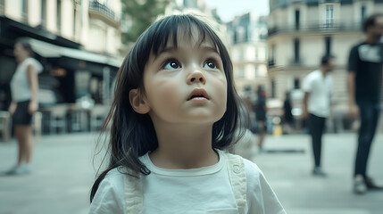 A child watching street performers in front of a cafe, with wide eyes filled with curiosity. The lively performance contrasts with her quiet wonder