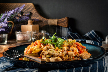 Fried chicken pieces with vegetables.