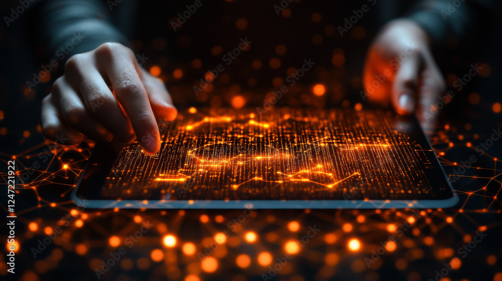 Poster hands interacting with a tablet displaying glowing data visualization in a darkened environment at n