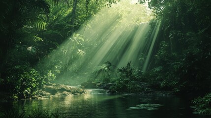 Obraz premium Dappled sunlight breaks through a lush green canopy illuminating a serene jungle oasis at dawn