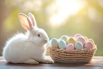White bunny hiding eggs in basket on table.