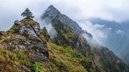 Obraz premium Majestic mountain landscape with mist and greenery under a cloudy sky in the early morning light