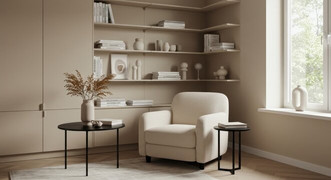A small reading corner with a plush cream colored armchair set against a custom built beige shelving unit filled with minimalistic decor and books