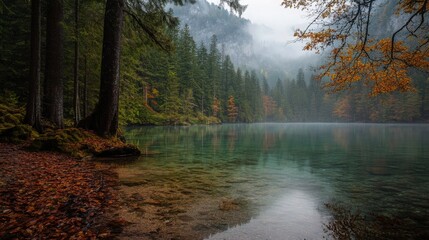 Obraz premium Mystical reflections on a tranquil lake surrounded by autumn hues in a serene forest setting at dawn