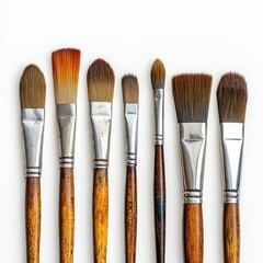 Exploring the beauty of paintbrushes arranged in a row on a clean white surface during a serene artistic moment