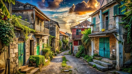 Fototapeta premium Urban Exploration Cul-de-Sac St. Martin, Abandoned Houses, Decaying Beauty, Street Photography, Hidden Gems, Alleyways, Cityscapes, Vintage, Noir, Photorealistic