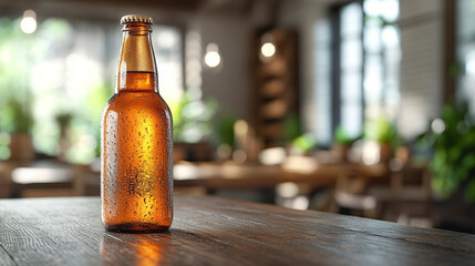 A modern beer bottle with a bright tone, placed against a blurred background, leaving empty space...