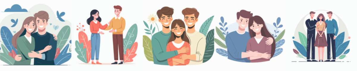 vector set of warm hugs happy family