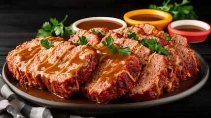 Meatloaf cooking traditional concept. A delicious platter of meatloaf slices drizzled with sauce, garnished with fresh herbs, served with colorful dipping sauces.