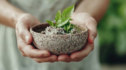 Hands holding healthy rice bowl, garden background, food photography