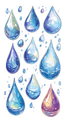 Water Droplets: Vibrant Blue Watercolor Design with Shiny Textures, Freshness of Nature, Clean Aesthetic Background, Dynamic Elements and Patterns, Creative Illustrations and Reflections