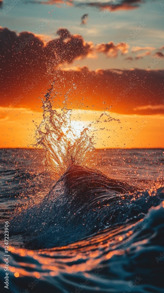 Poster as the sun rises over the water, a whale's tail breaks the surface, sending droplets sparkling into 