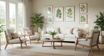 Fototapeta premium A bright inviting living room with a neutral palette