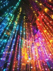 Obraz premium Colorful string of lights hanging from the ceiling, illuminating space with a variety of colors and creating a festive atmosphere.