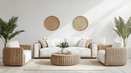 Modern minimalist living room interior with natural light, featuring cozy neutral-toned sofas, wooden coffee table, houseplants, and stylish decor elements in a bright and airy atmosphere