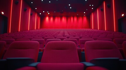 Fototapeta premium Empty red cinema seats, stage lights, movie theater
