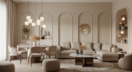 A modern living and dining room with a luxurious aesthetic