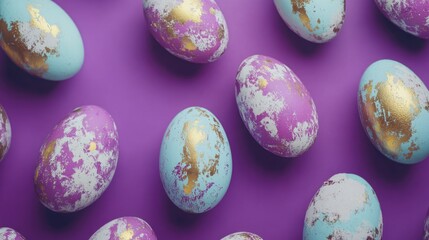 Colorful eggs decorated with gold paint for a festive Easter celebration. Handmade craft project.