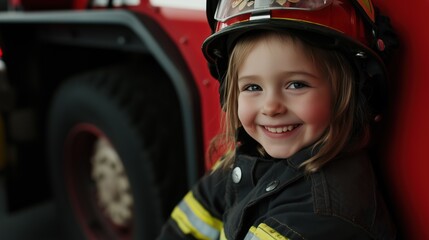 Future Firefighter: A young girl, beaming with a smile, wears a firefighter helmet and jacket, confidently leaning against a firetruck, showcasing a future filled with courage and determination.