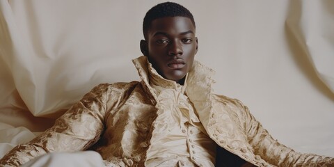 A man in a gold jacket and a white shirt is sitting on a bed. The image has a vintage feel to it, and the man's pose suggests a sense of elegance and sophistication