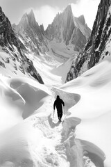 A man in winter gear hikes up a mountain trail. The landscape is snow-covered with dramatic peaks rising around him.
