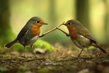 Fototapeta premium A bird offering a twig to another, showing kindness and sharing in the forest