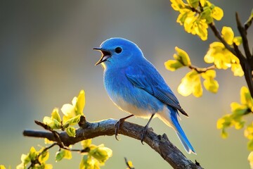Obraz premium A bright blue bird perched on a tree branch, singing its morning song