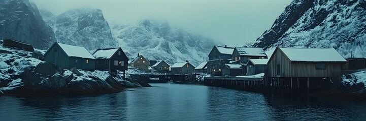 Fototapeta premium Lofoten Islands, Norway in winter with houses on the water 