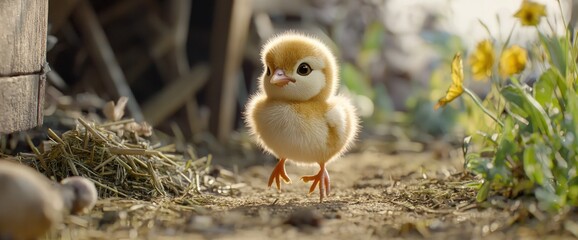 Fototapeta premium A chick hopping around in a barnyard, curiously exploring its surroundings