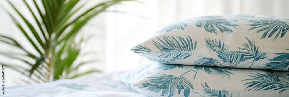 Leinwandbilder tropical patterned cushions on a bed with light summer fabrics creating a refreshing atmosphere in a