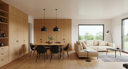 Fototapeta premium A modern open plan living and dining space with a seamless wood theme