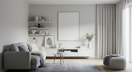 A minimalist living room with a light gray sofa and simple botanical artwork on the wall