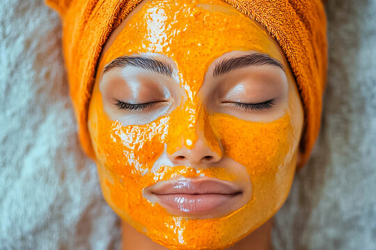 The face of a young girl with a turmeric mask applied