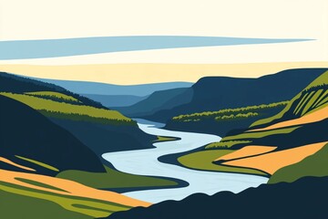 Stylized digital illustration of a winding river cutting through a mountainous valley with green and yellow fields, set against a pastel sky