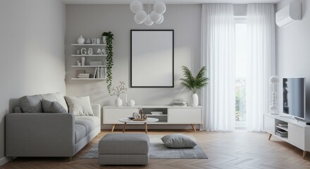 A minimalist living room with a light gray sofa and simple botanical artwork on the wall