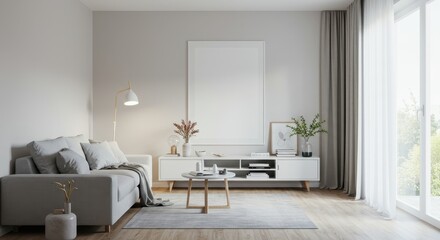 Fototapeta premium A minimalist living room with a light gray sofa and simple botanical artwork on the wall