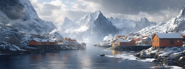  Lofoten Islands, Norway in winter with houses on the water
