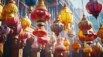 Fototapeta premium A street view at night, filled with strings of vividly colored Chinese lanterns hanging from wooden poles, illuminating the area with a lively atmosphere.