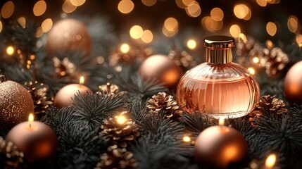 Festive perfume amidst Christmas d?cor, bokeh lights