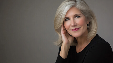 Close-up of a senior Caucasian woman with silver hair, touching her face, highlighting natural aging, beauty, and confidence in a serene studio atmosphere