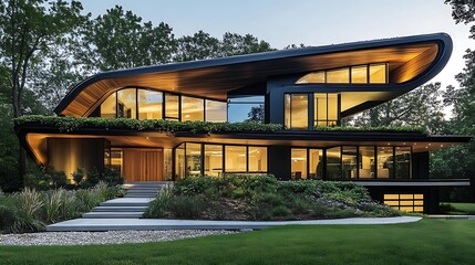 Obraz premium A sleek modern house with a dramatic roofline and integrated natural greenery