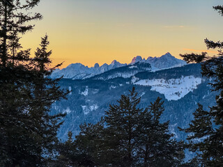 Obraz premium Conifer forest framing majestic snow-covered Carnic Alps peaks at sunrise in Bad Bleiberg, Carinthia, Austria. Rugged mountain range creates dramatic silhouette against winter sky. Alpine settlements