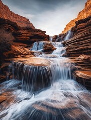 A waterfall flowing in a desert landscape.